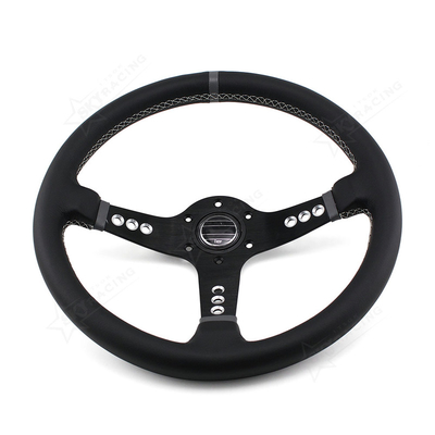 Universal steering wheel with deep corn black genuine leather for 350mm steering wheel